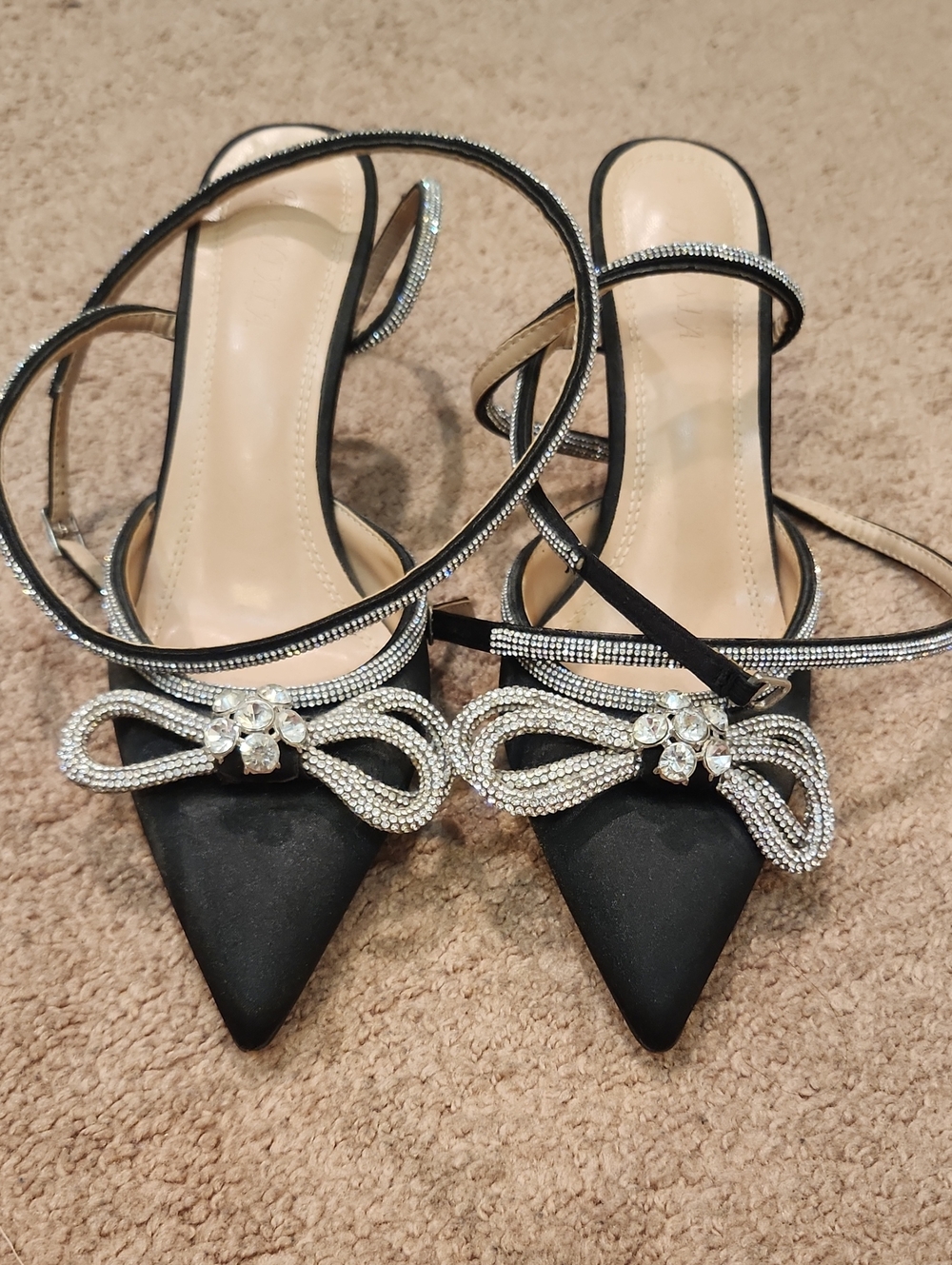 Black Pointed-Toe Crystal Bow Slingback Wrap Heels Shoes